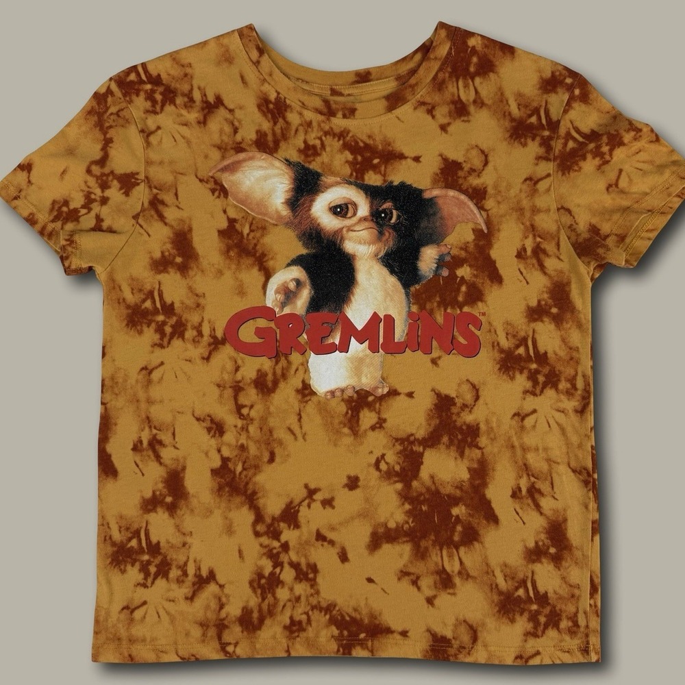 Gremlins Gizmo 80s Movie Graphic T-Shirt S Brown Acid Wash Tie Dye Retro Tee
